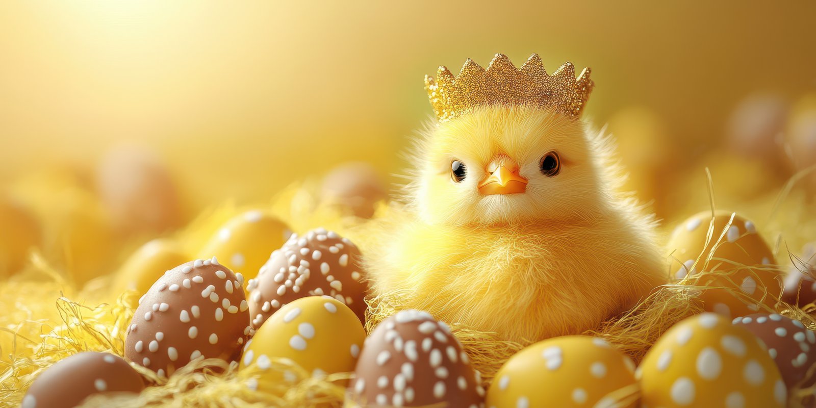 Adorable yellow chick wearing a golden crown surrounded by colorful Easter eggs in a festive spring setting